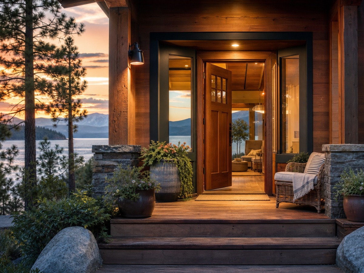 Open wood front door of a Lake Tahoe home with a stone-and-timber porch, framed by pines and a sunset over the lake and mountains