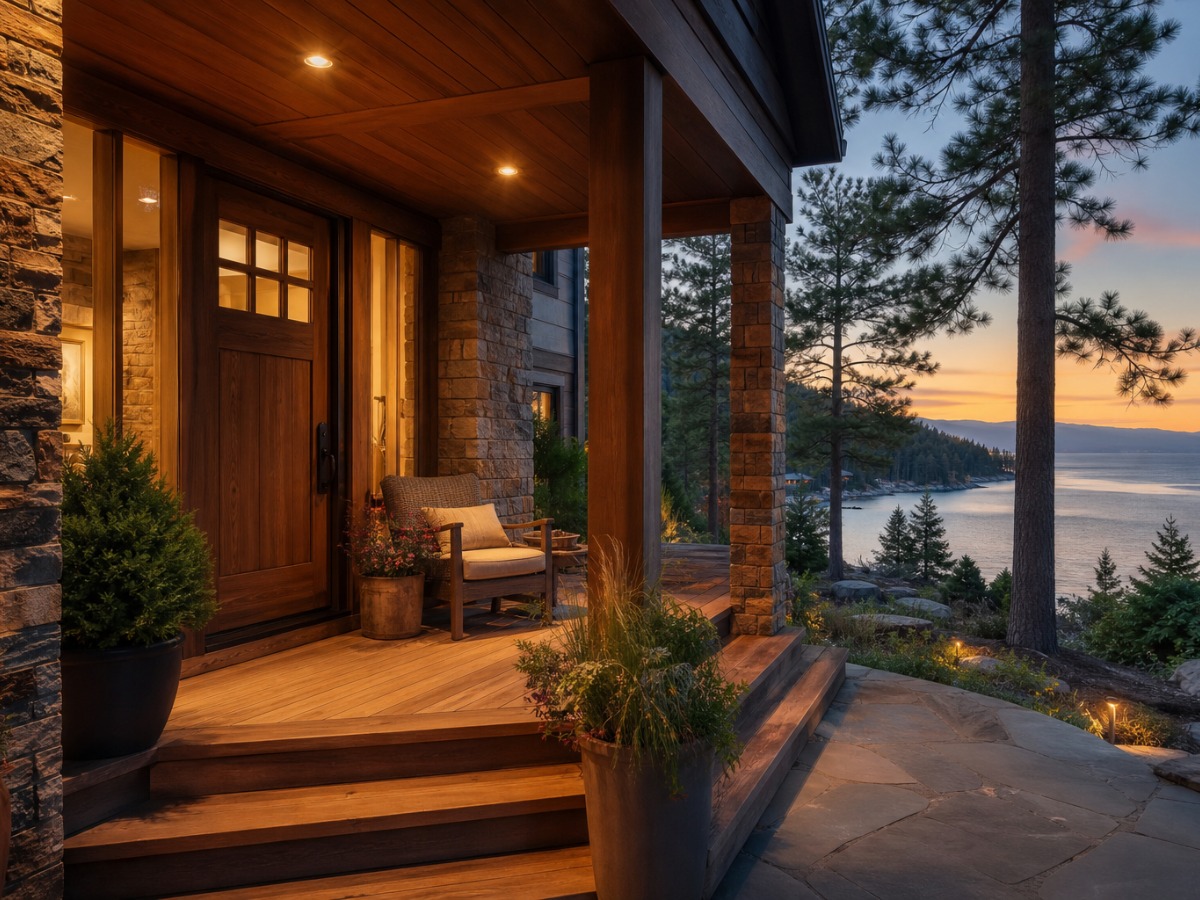The covered stone-and-timber front porch of a lakeside home glowing at dusk, with pine trees and Lake Tahoe’s north shore in the background
