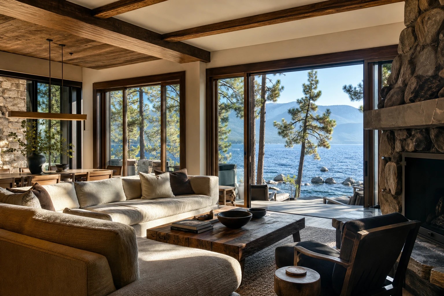 A rustic-luxury living room in Incline Village opening onto a lakefront deck with sweeping Lake Tahoe views