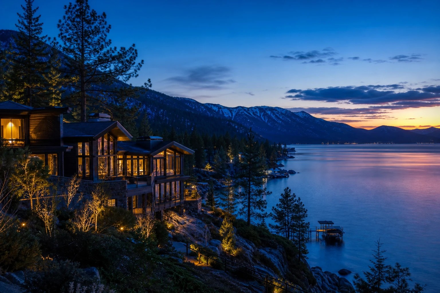 A modern lakefront estate glowing at twilight above Lake Tahoe&rsquo;s shoreline in Incline Village, Nevada