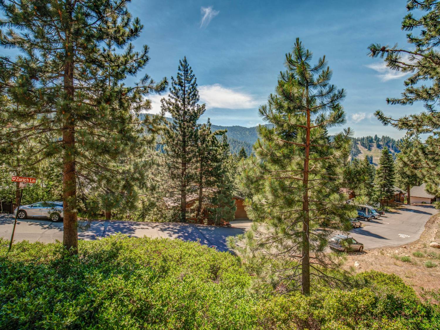 A tree-covered residential lot on Zurich Lane in Incline Village, Nevada, with homes tucked into the pines and mountain views beyond